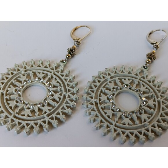 Handmade Enameled Goldtone Crystal Filagree Sunburst Statement Earrings 3 in - Picture 11 of 11